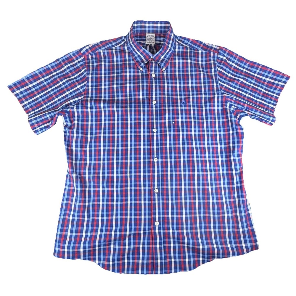 Brooks Brothers Shirt Mens XL Blue Plaid Non Iron Short Sleeve Button Down